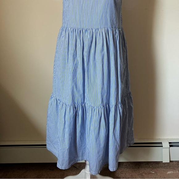 J. Crew Tiered Flounce Ruffle Searsucker Blue and White Stripe Sleeveless Dress - Picture 3 of 11